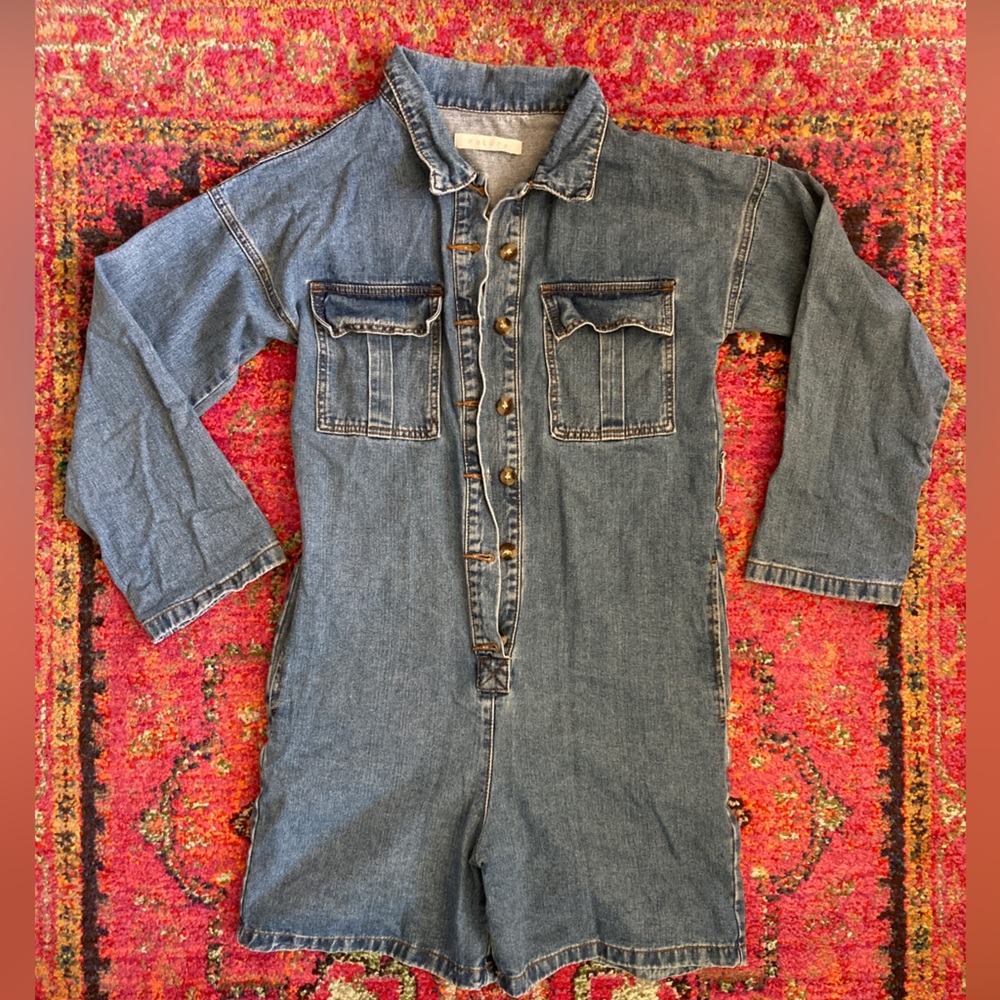 Nature jean romper long sleeves tie waist and pockets button up